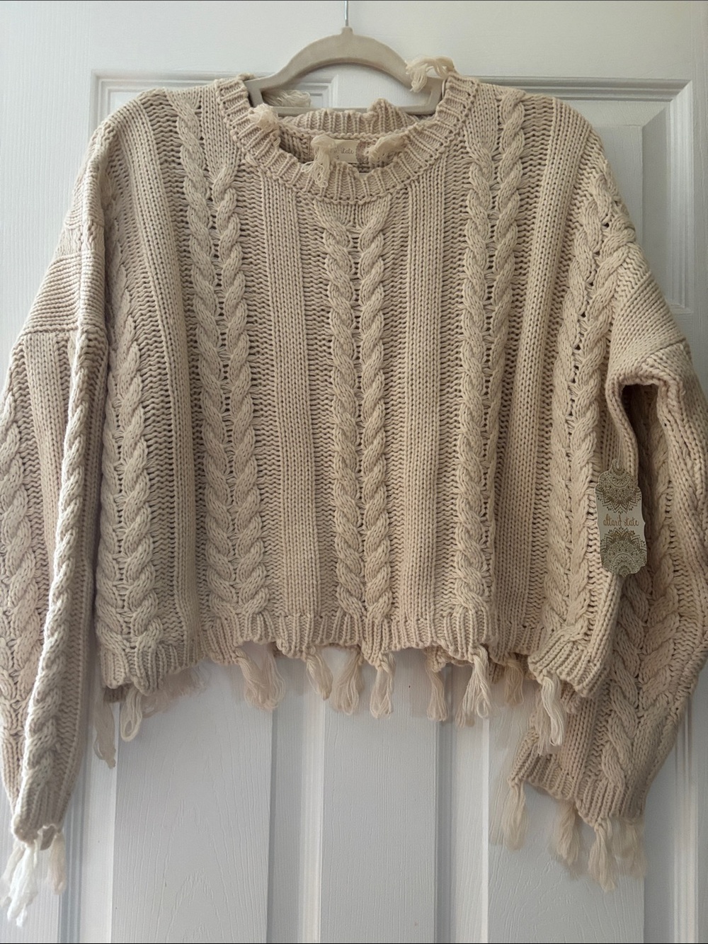Altar'd State Cream Cable Knit Fringe Crew Sweater
